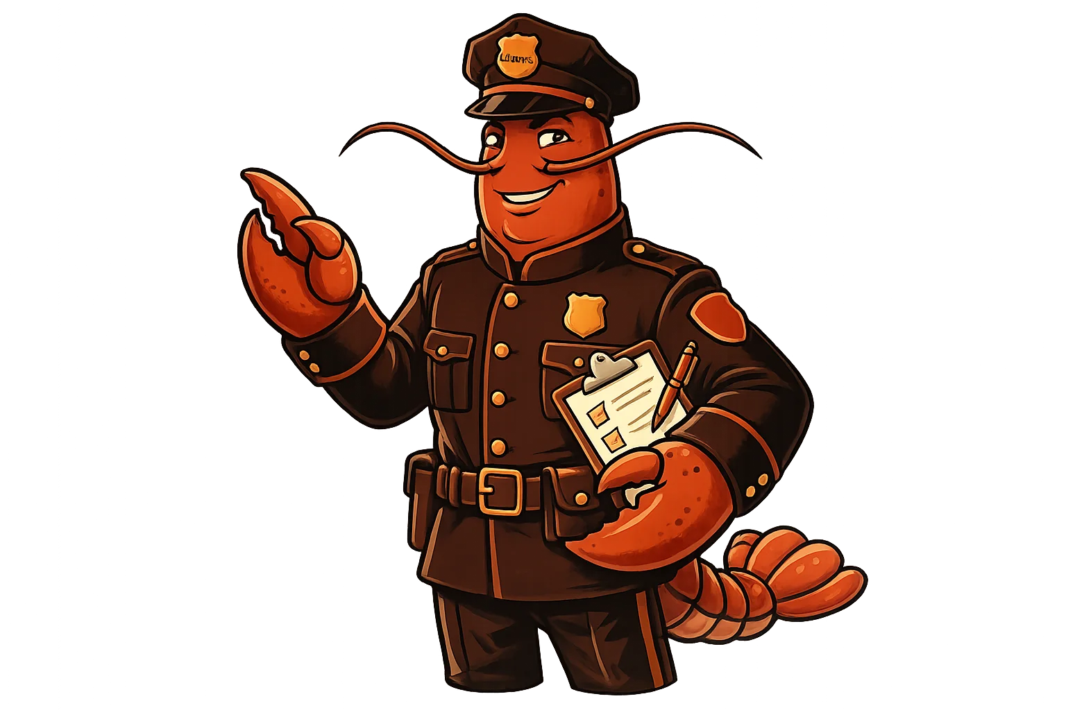 ClawCop mascot — a friendly lobster police officer saluting