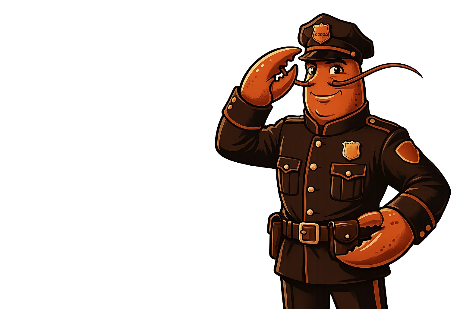 ClawCop mascot — a friendly lobster police officer saluting